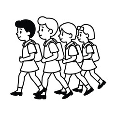 school kids marching line art illustration