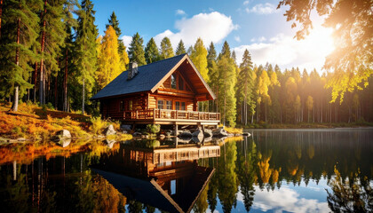Obraz premium canadian cabin by the lake with canoe and mountains photo