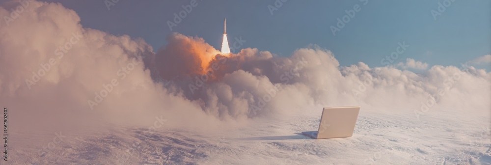 Poster surreal rocket launch from laptop in cosmic cloudscape symbolizing digital transformation and techno