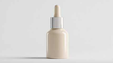 Realistic serum bottle with sleek design, featuring beige color and silver dropper cap, perfect for skincare products. This elegant packaging enhances aesthetic appeal of any beauty routine