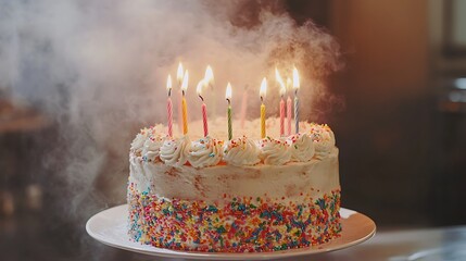 Colorful sprinkle birthday cake with glowing candles and rising smoke for celebrations