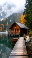 Naklejka premium canadian cabin by the lake with canoe and mountains photo