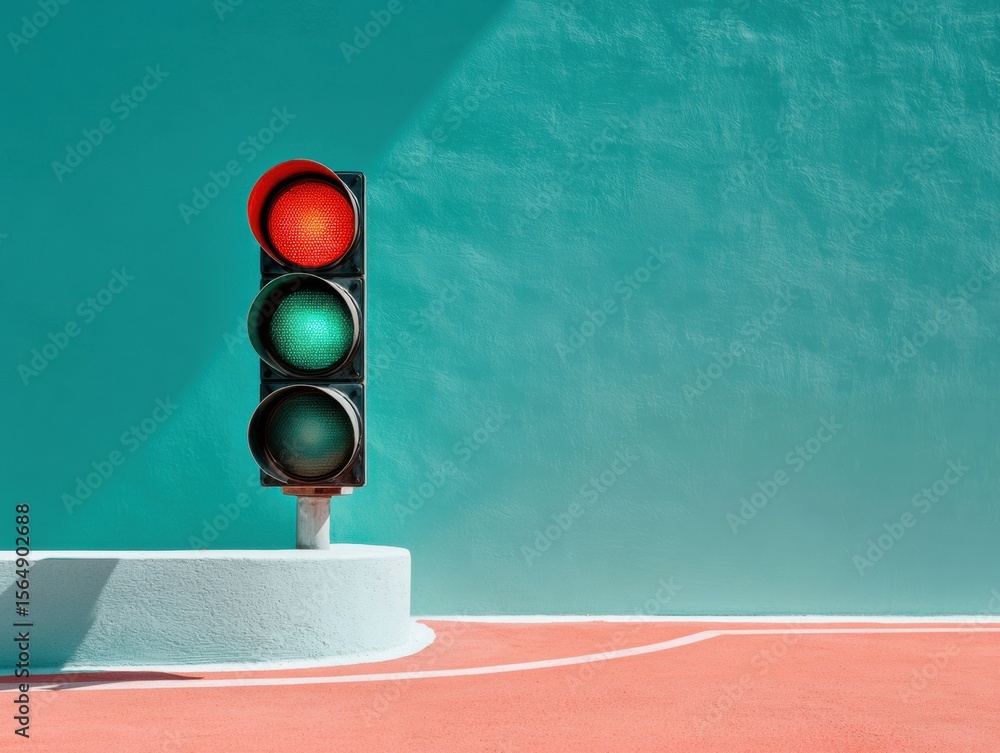 Poster minimalist traffic light close-up with red and green signals on vibrant urban background for modern 