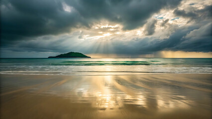 Moody Beach Scene with Island and Sunlight Rays Piercing Through Stormy Clouds Creating an Ethereal Coastal Landscape