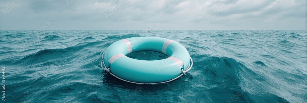 Poster high-quality authentic storm alert life ring floating on ocean surface under partly cloudy sky for w