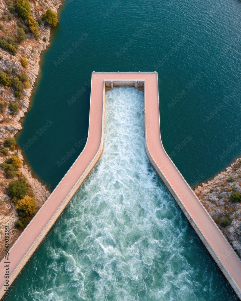 Aufkleber aerial view of flood barrier dam controlling water flow into river surrounded by trees promoting sus