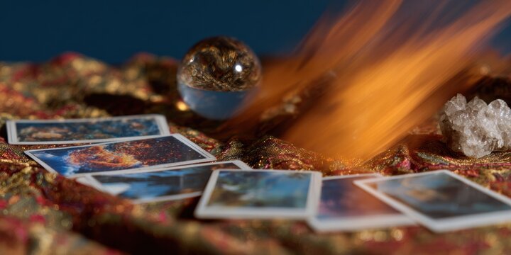 Cosmic Tarot Card Spread with Crystal Sphere on Ornate Fabric for Spiritual Branding and Contemporary Mystical Insight Marketing