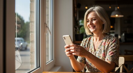 A woman smiling while looking at her cell phone in a quiet moment