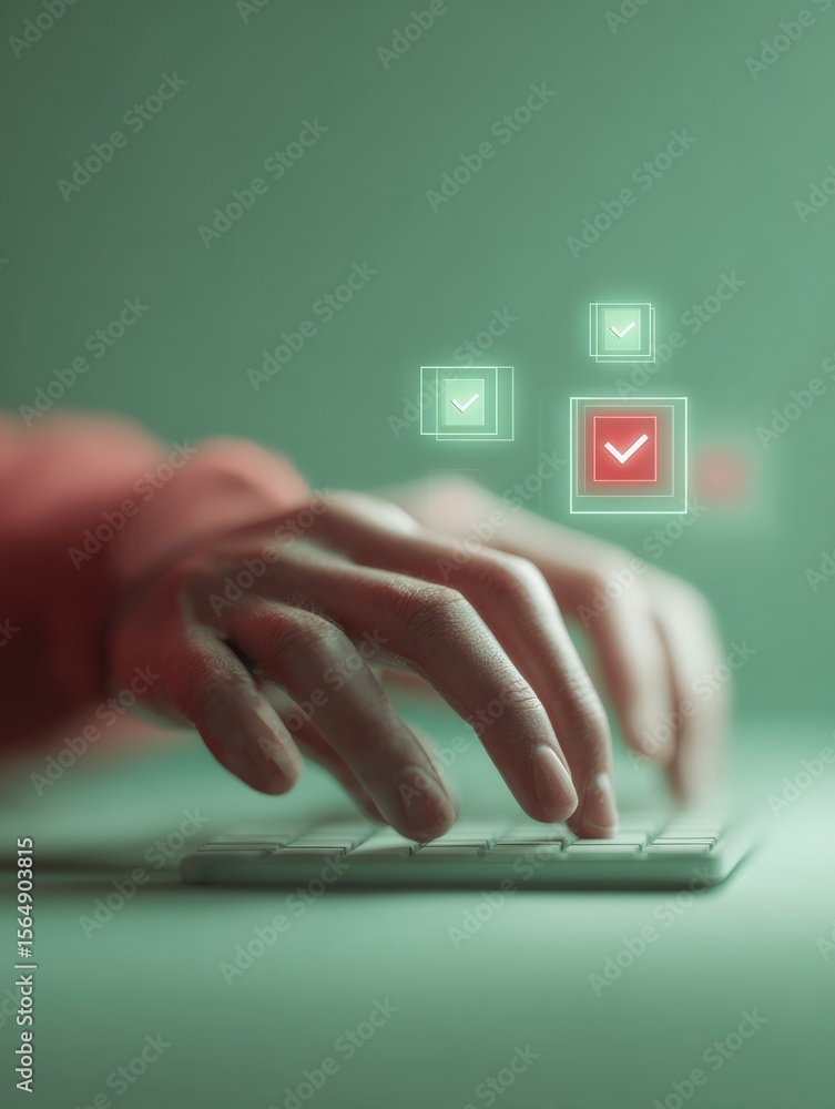 Aufkleber Futuristic Error Correction Interface with Holographic Check Marks and Warning Symbols on Laptop Keyboard for IT Troubleshooting and Digital Reliability
