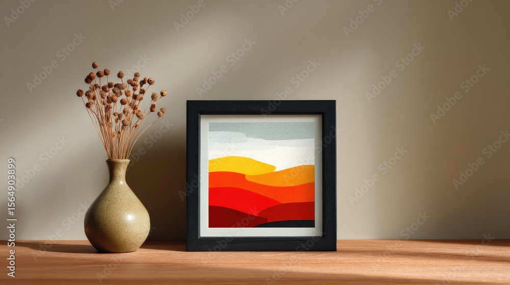 Poster square picture frame with abstract art print inside, displayed on a minimalist wooden desk with soft