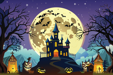 A spooky vector illustration of a Halloween night with a haunted house, full moon, flying bats, and scary pumpkin