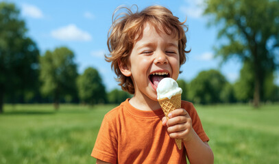 Smiling young boy with brown hair enjoys licking an ice cream cone in a sunny green park on sunny day.
