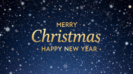 Golden merry christmas and happy new year lettering over falling snowflakes and sparkling particles