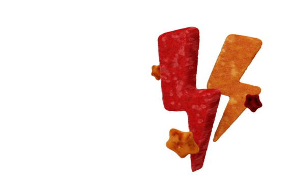 Soft textured lightning bolts in red and orange, surrounded by fuzzy stars. Vibrant 3D abstract design for modern digital art, energy themes, and playful visuals.