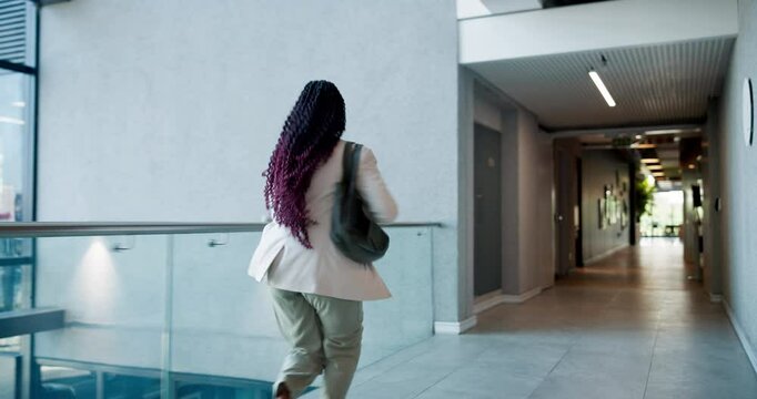 Late, business woman and running in office for meeting appointment, rush and time management fail. Back, professional employee and hurry in corridor for interview, morning delay and moving at speed