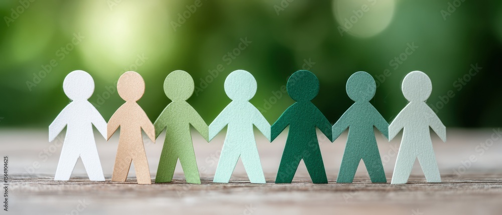 Aufkleber diverse paper cut-out figures holding hands on wood with greenery background for corporate teamwork 