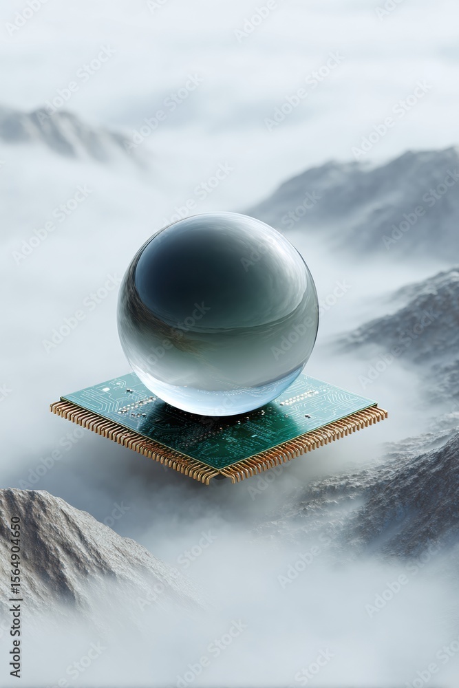 Poster Compact Quantum Processor with Spherical Sensor Module on Computer Chip Hovering Above Misty Mountains Advanced Tech and Miniaturization Innovation
