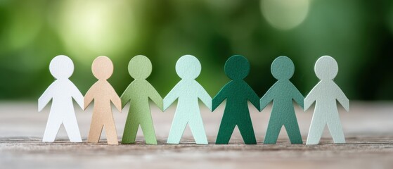 Diverse Paper Cut-Out Figures Holding Hands on Wood with Greenery Background for Corporate Teamwork and Inclusive Wellness Event Promotion