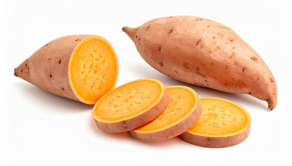 Freshly cut sweet potatoes with vibrant orange flesh on a white background