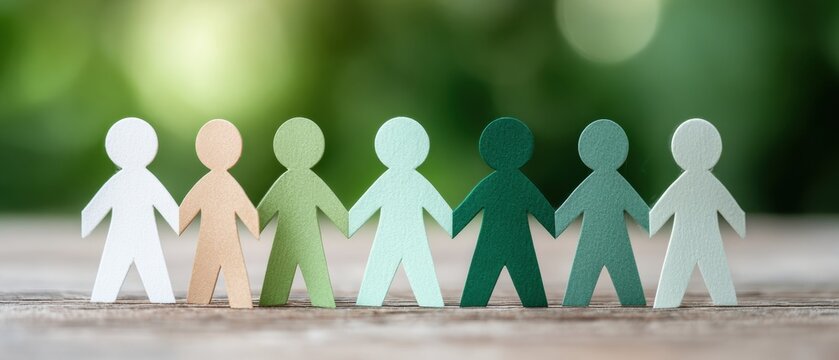 Diverse Paper Cut-Out Figures Holding Hands on Wood with Greenery Background for Corporate Teamwork and Inclusive Wellness Event Promotion