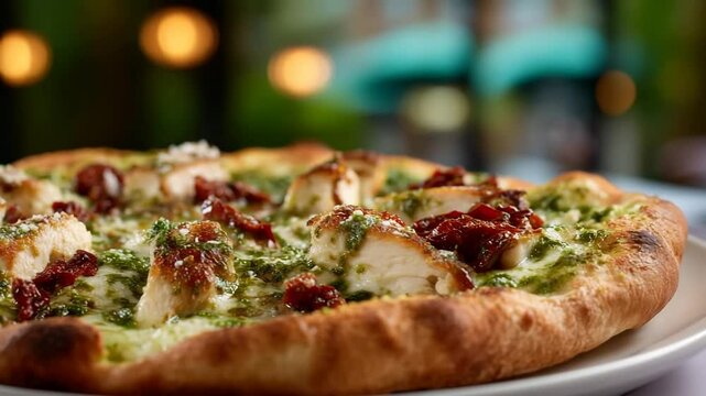 Closeup of freshly baked gourmet pizza with pesto and sundried tomatoes in a cozy restaurant