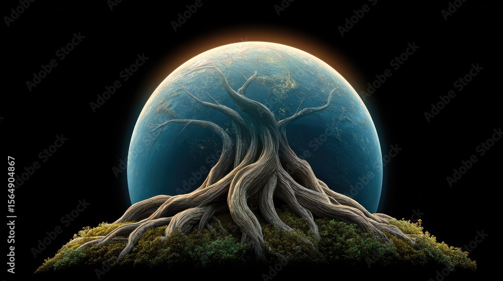 Aufkleber tree roots wrapping around a glowing earth, symbolizing deep conservation values and planetary care 