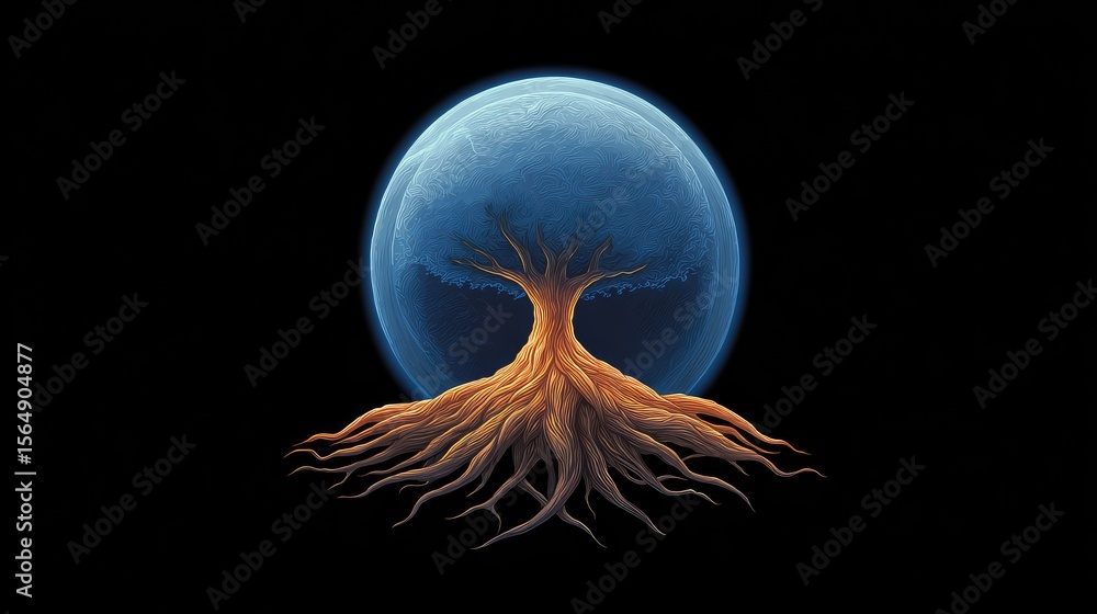Poster tree roots wrapping around a glowing earth, symbolizing deep conservation values and planetary care 