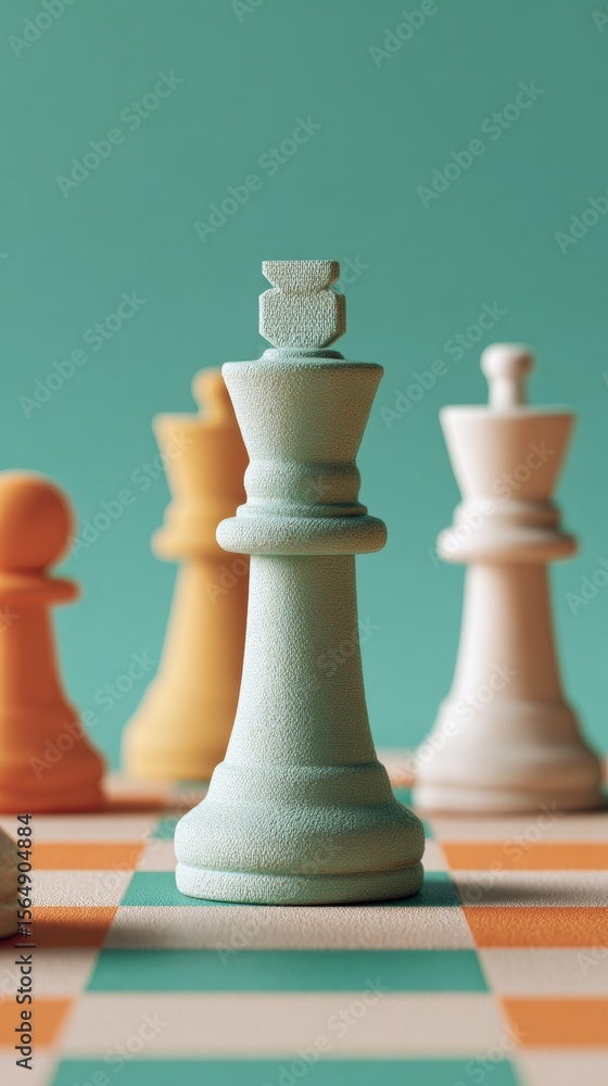 Poster Quantum Collaboration Chessboard with King Piece Forefront and Surreal Data Overlays - Innovative Business Strategy and Advanced Analytics Concept