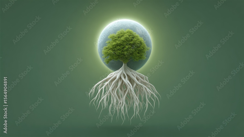 Aufkleber tree roots wrapping around a glowing earth, symbolizing deep conservation values and planetary care 