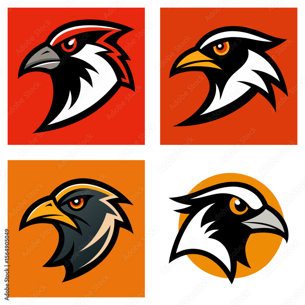 Poster collection of four stylized bird head logos with various color schemes and background shapes design