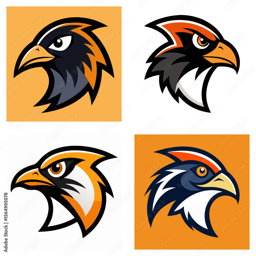 Poster four stylized hawk heads with different color schemes and backgrounds in a grid pattern display