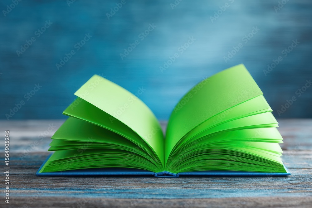 Aufkleber modern open book with vibrant green blank pages on rustic wooden desk for creative journaling and in
