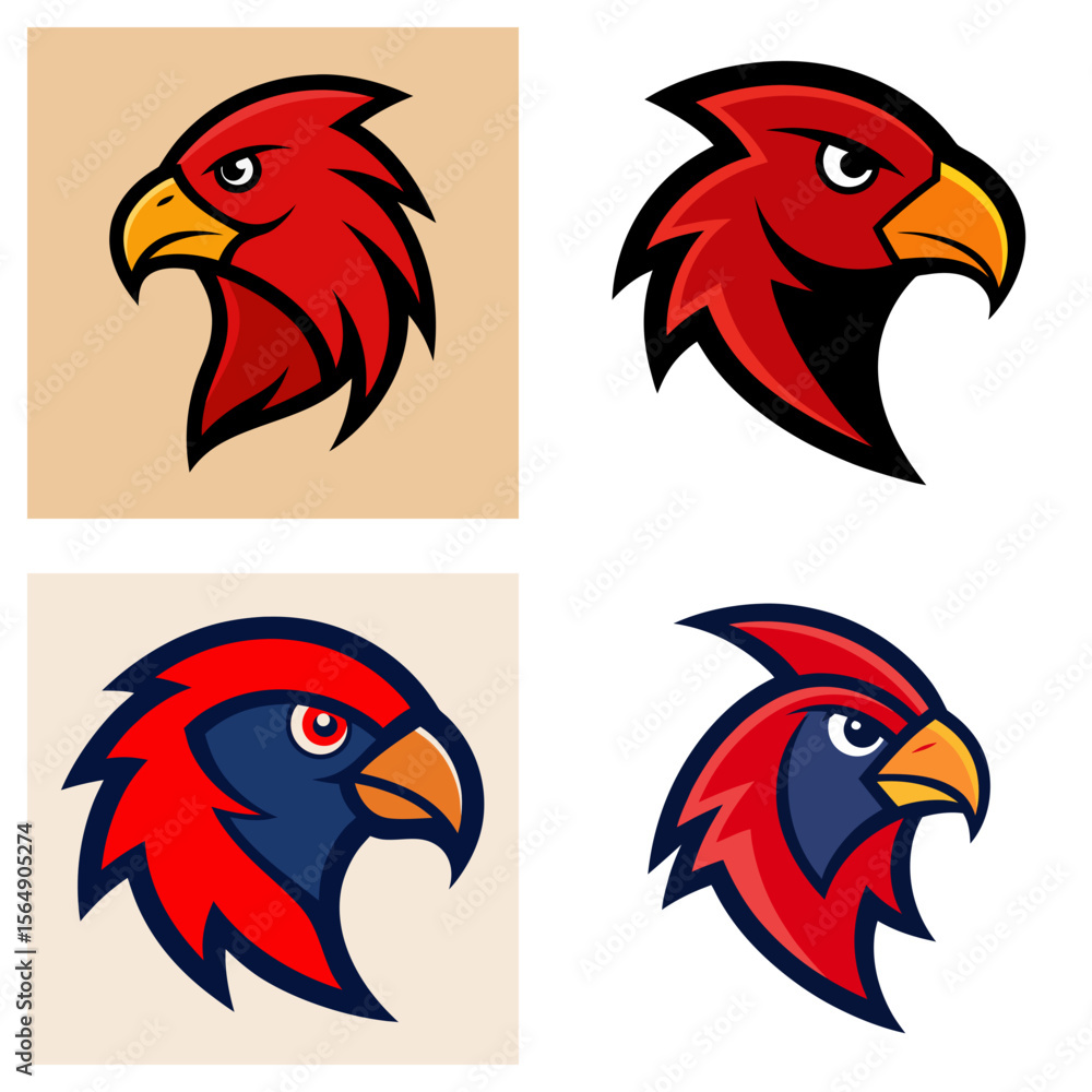 Poster four illustrations of a red bird head with a yellow beak in various color schemes and backgrounds