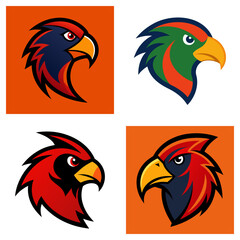 Fototapeta premium Four stylized bird head logos with vibrant colors and bold outlines arranged in a square format design