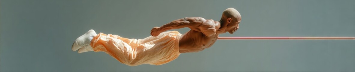 Dynamic male athlete mid-jump practicing javelin throw in studio with neutral background for fitness training and perseverance promotion