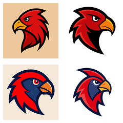 Four illustrations of a red bird head with a yellow beak in various color schemes and backgrounds