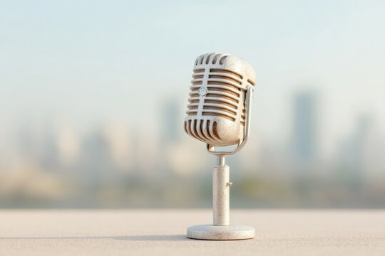Vintage Metal Microphone with Urban Skyline Backdrop, Retro Design Highlighting Timeless Voice Power for Media Production and Modern Branding - Powered by Adobe