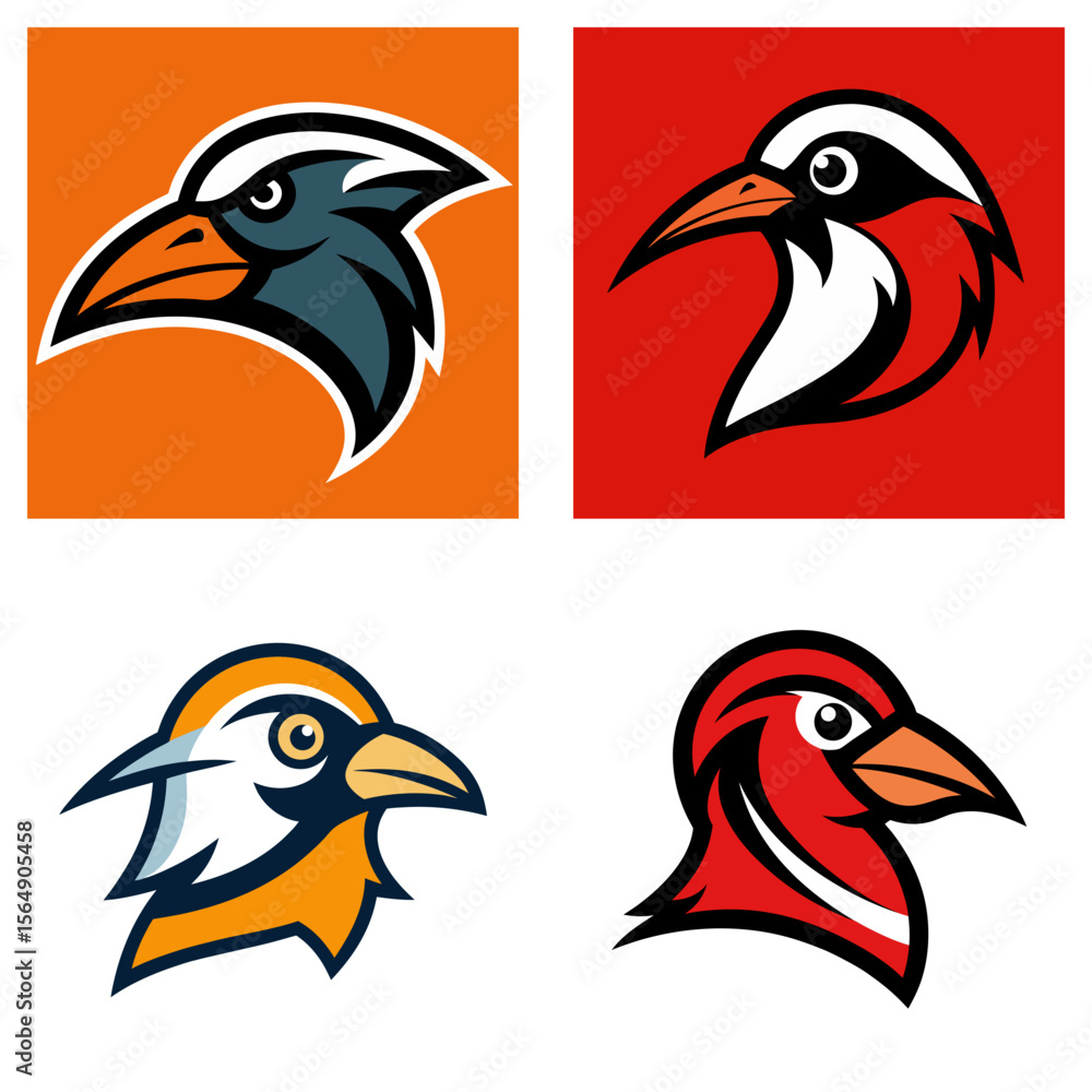 Poster four bird head illustrations in square frames with different colors and design styles on a white bac