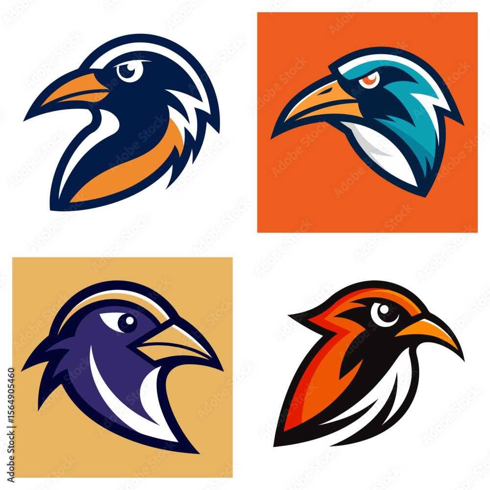 Poster four bird head logos in different color schemes and backgrounds with stylized design elements used