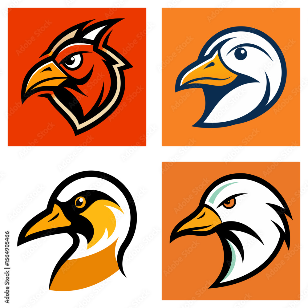 Poster four square images showcasing bird head logos in different styles and color schemes displayed togeth