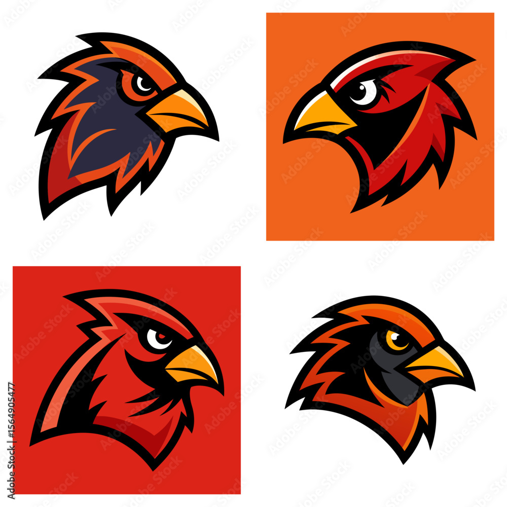 Poster four different cardinal bird head illustrations with varied color schemes and background squares