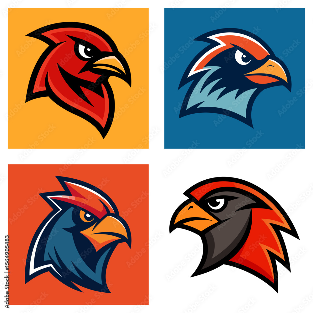 Poster collection of four stylized bird head logos with vibrant colors and sharp designs on square backgrou