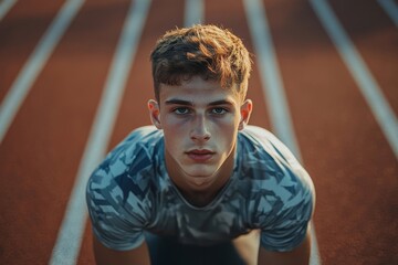 Young professional sprinter on a racetrack, preparing to launch into a high-speed race, fully focused on the competition ahead, Generative AI