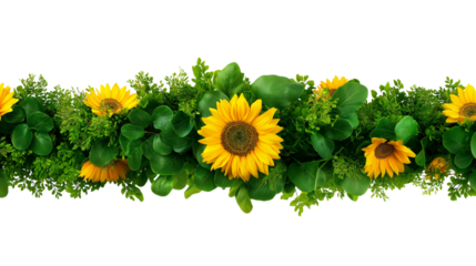  vibrant border adorned with bright yellow sunflowers and lush green foliage isolated on white background
