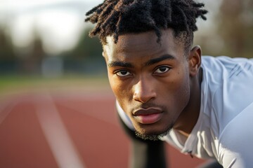 Young professional sprinter on a racetrack, preparing to launch into a high-speed race, fully focused on the competition ahead, Generative AI