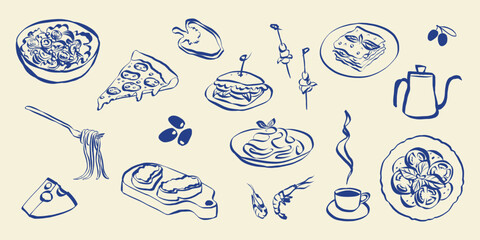 Whimsical food doodles. Quirky icons of breakfasr and brunch meals in simple crayon and sketch style. Trendy art for menus and dinner invitations. La dolce vita vector illustration