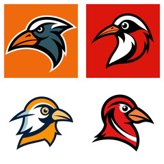 Fototapeta premium Four bird head illustrations in square frames with different colors and design styles on a white background