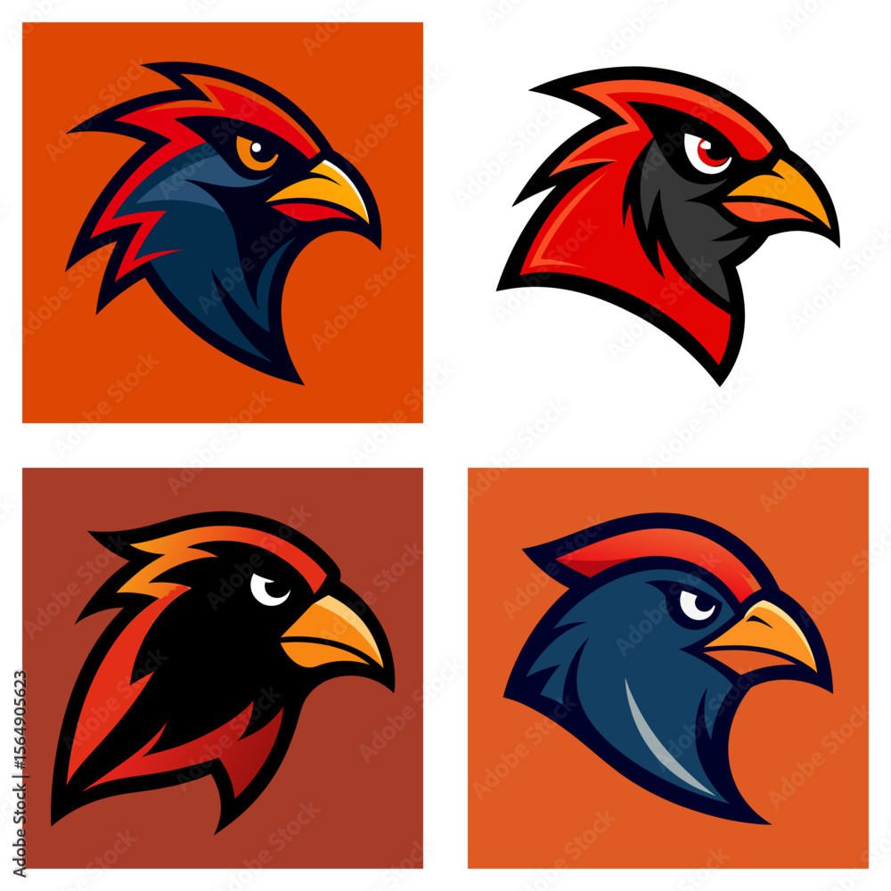 Poster four cardinal bird head illustrations with different color schemes and background color variations s
