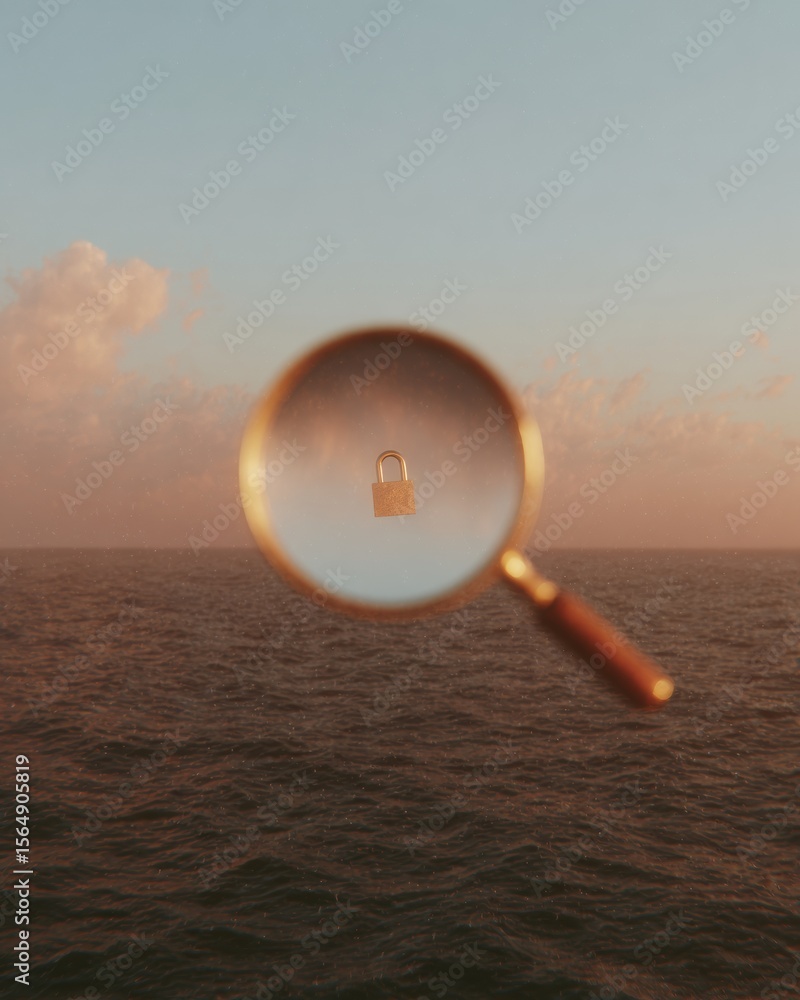 Poster cybersecurity infrastructure audit with magnifying glass inspecting digital padlock over ocean at su