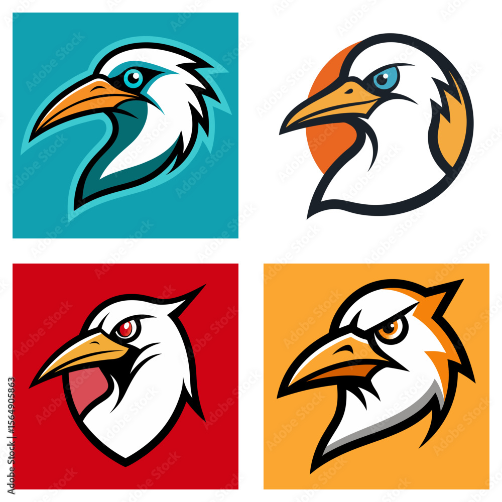 Aufkleber four stylized bird head logos with different color schemes and background shapes displayed in a grid